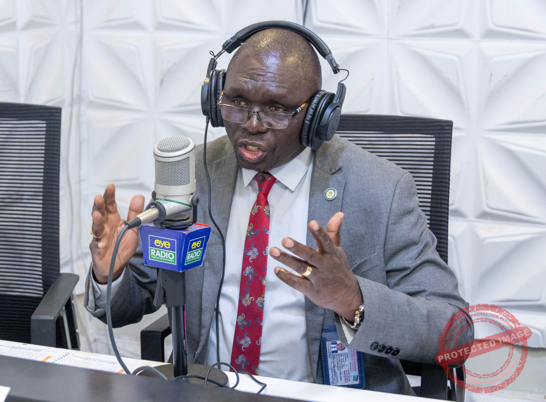 Jacob Aligo Lo-Lado, the Acting Minister of Information speaks on the Sundown [Photo: Darlington Moses/ Eye Radio| May,28th, 2025]