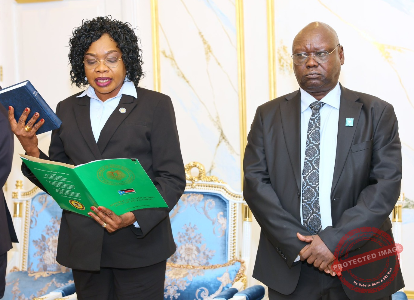 Sarah Cleto Rial takes oath of office infront of SPLM-IO Interim Chairman and Minister of Peacebuilding Stephen Par Kuol [Photo credit: Office of the Presient]