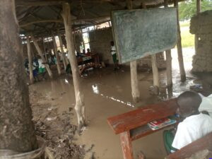 Children study in flooded classrooms at Rodo’ba Primary School in Morobo County.